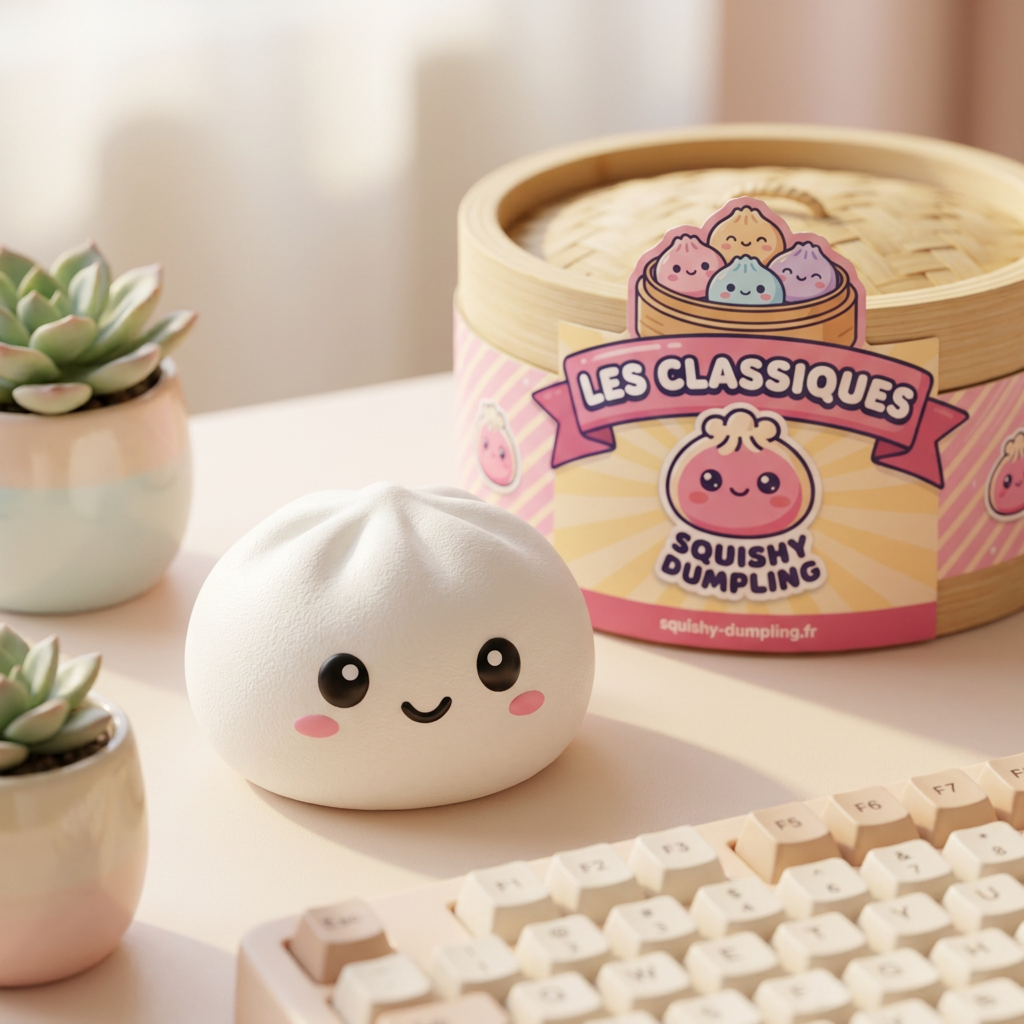 Dumpling Squishy Blanc Neige en ambiance sur un bureau
