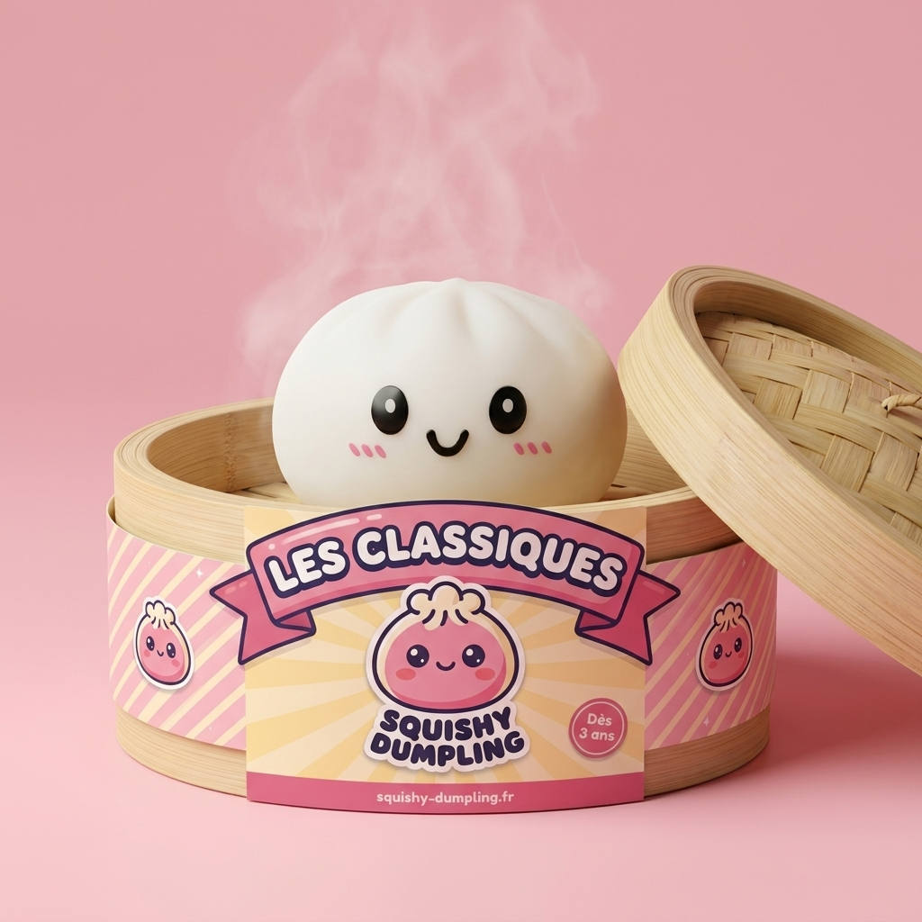Dumpling Squishy Blanc Neige dans sa boîte panier vapeur bambou