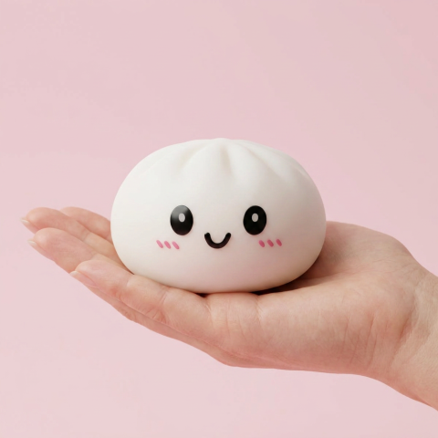 Dumpling Squishy Blanc Neige tenu en main, taille réelle