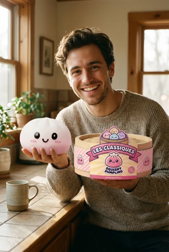 Dumpling Squishy Blanc Neige présenté avec sa boîte panier vapeur — photo client