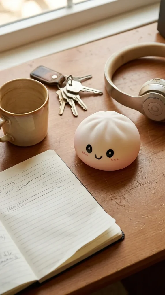 Dumpling Squishy Blanc Neige posé sur un bureau, dans le quotidien