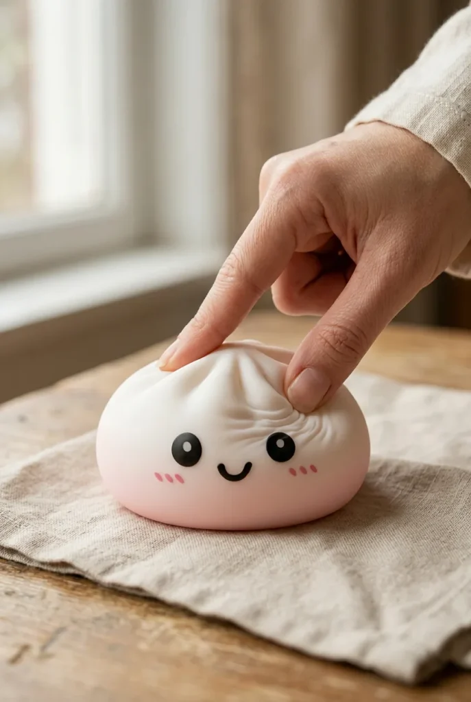 Dumpling Squishy Blanc Neige pressé dans la main — effet squishy slow-rise