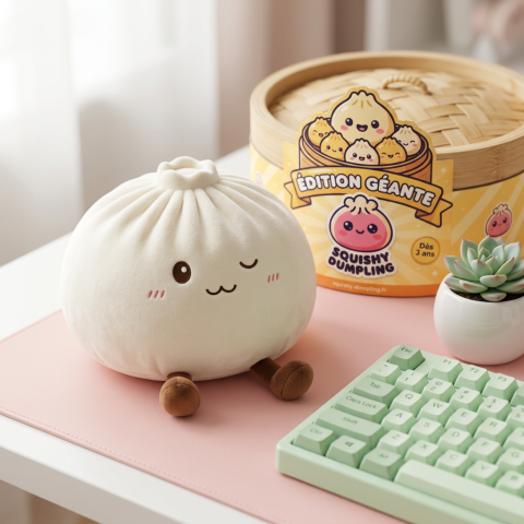 Dumplings Squishy Toy Blanc XXL en ambiance sur un bureau