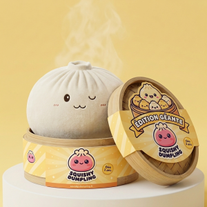 Dumplings Squishy Toy Blanc XXL dans sa boîte panier vapeur bambou
