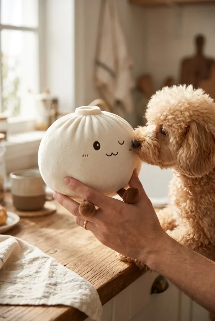 Dumplings Squishy Toy Blanc XXL tenu près d'un animal de compagnie curieux