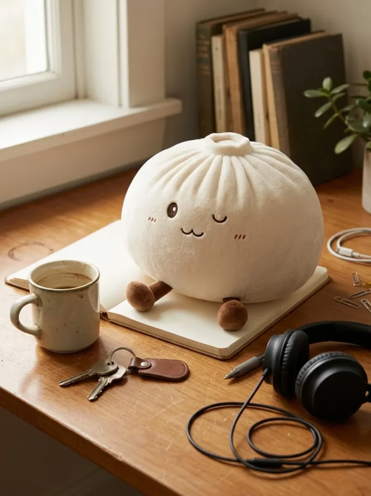 Dumplings Squishy Toy Blanc XXL posé sur un bureau, dans le quotidien