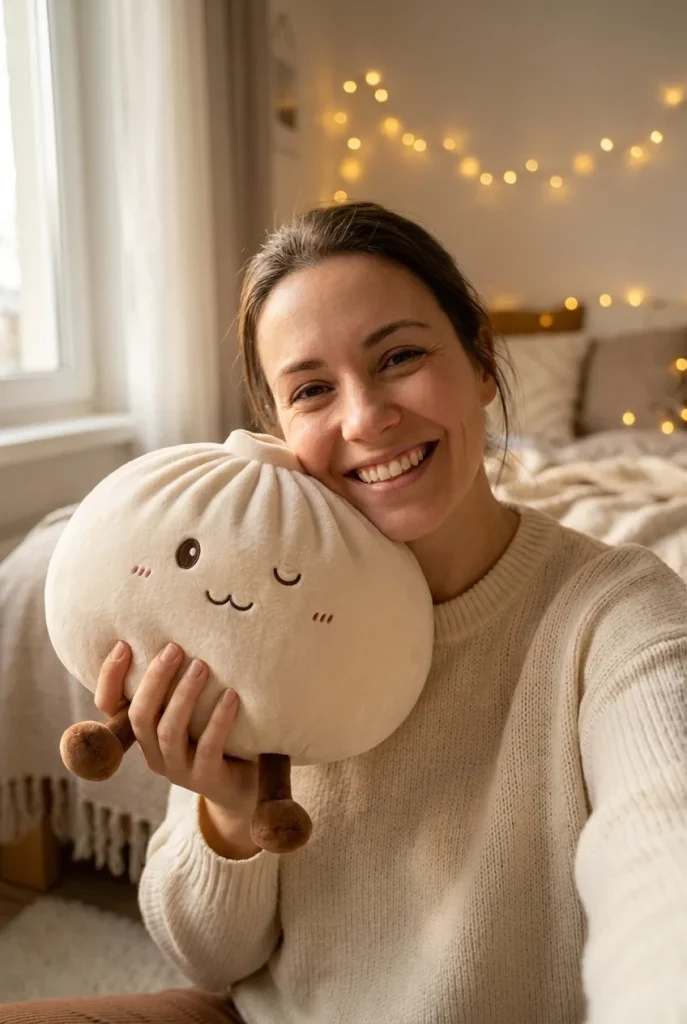 Dumplings Squishy Toy Blanc XXL tenu près du visage — photo client