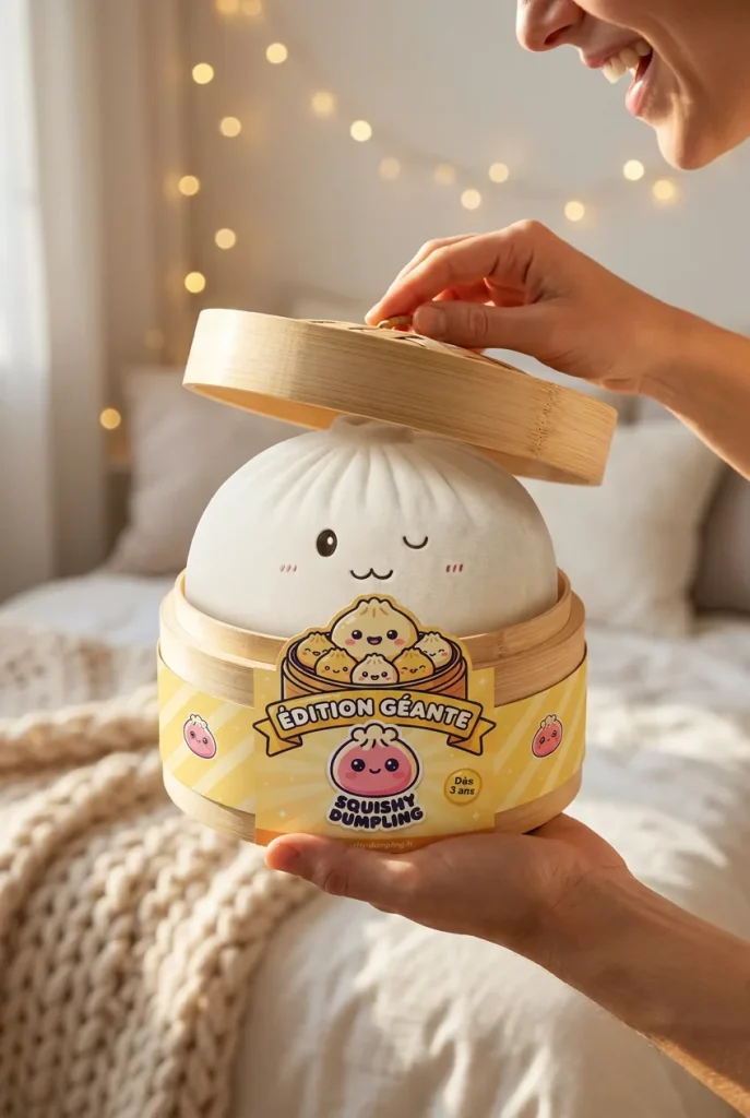 Déballage du Dumplings Squishy Toy Blanc XXL — la boîte panier vapeur s'ouvre