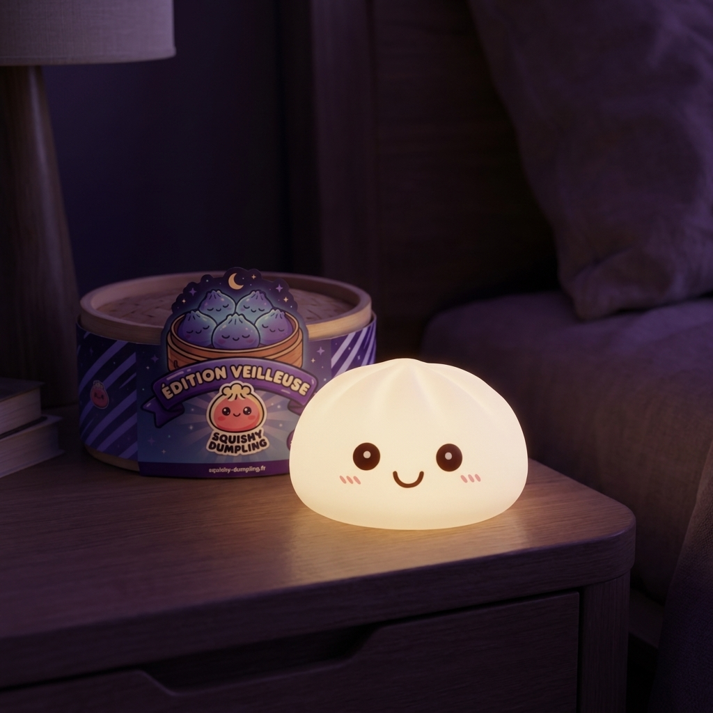 Veilleuse Dumpling Squishy Blanche Lunaire en ambiance sur un bureau
