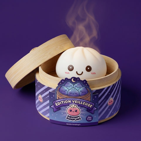 Veilleuse Dumpling Squishy Blanche Lunaire dans sa boîte panier vapeur bambou