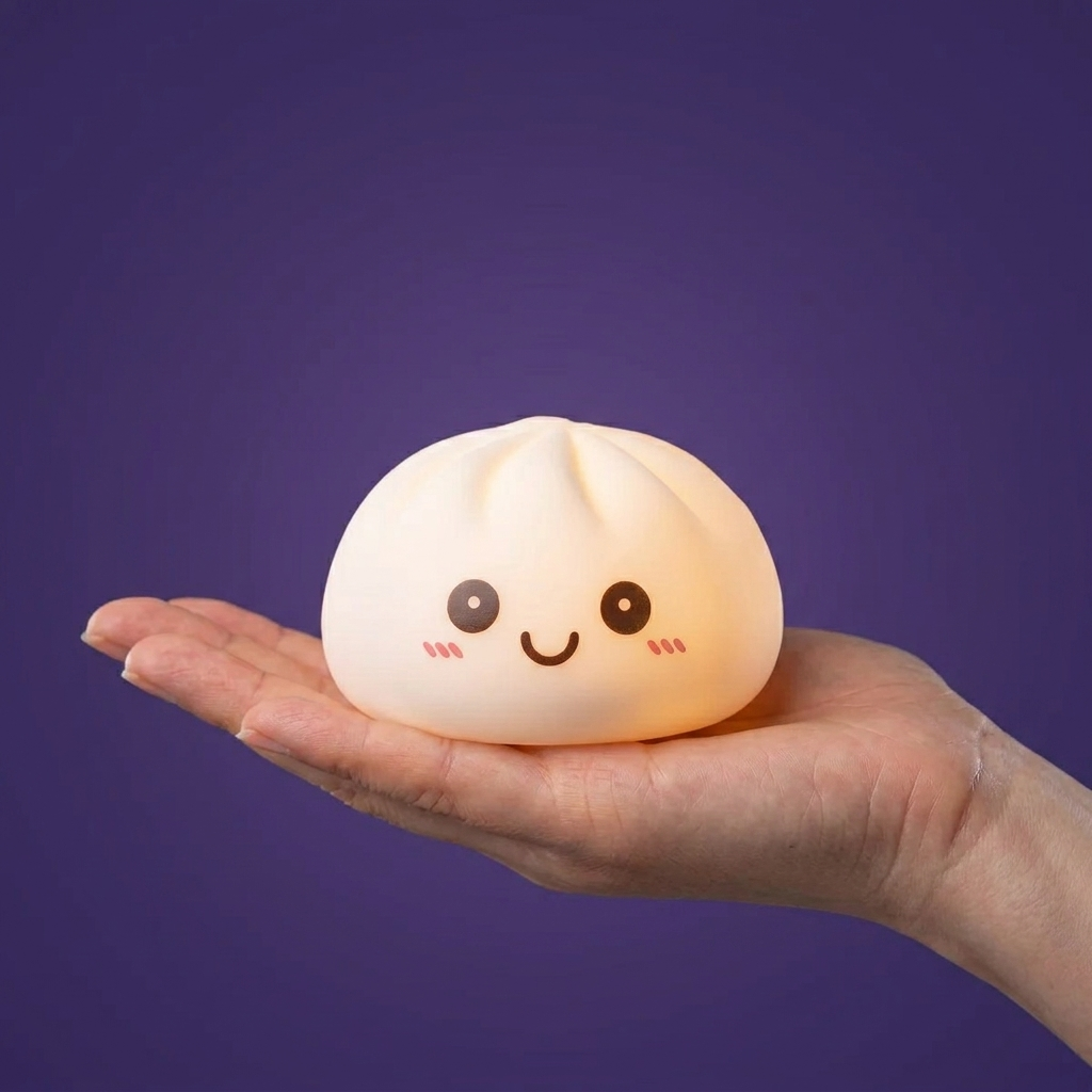 Veilleuse Dumpling Squishy Blanche Lunaire tenu en main, taille réelle