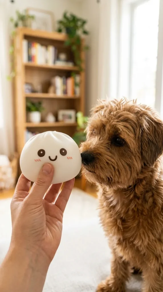 Veilleuse Dumpling Squishy Blanche Lunaire tenu près d'un animal de compagnie curieux
