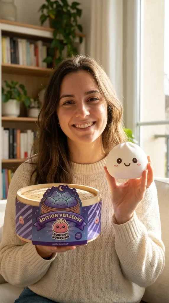 Veilleuse Dumpling Squishy Blanche Lunaire présenté avec sa boîte panier vapeur — photo client