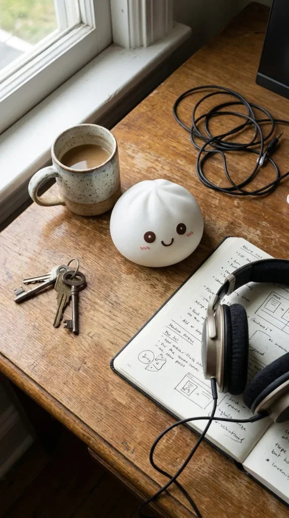 Veilleuse Dumpling Squishy Blanche Lunaire posé sur un bureau, dans le quotidien