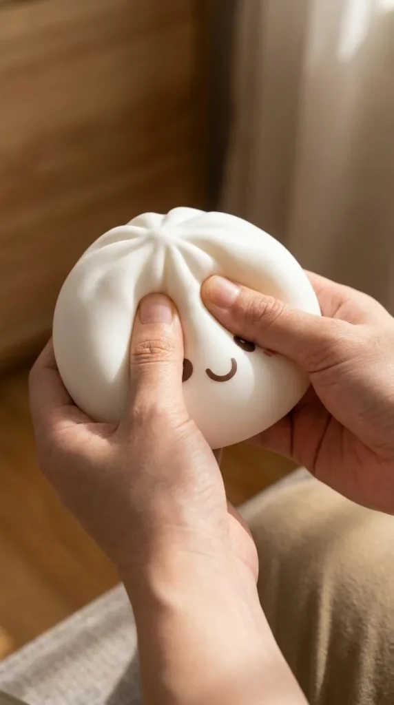 Veilleuse Dumpling Squishy Blanche Lunaire pressé dans la main — effet squishy slow-rise