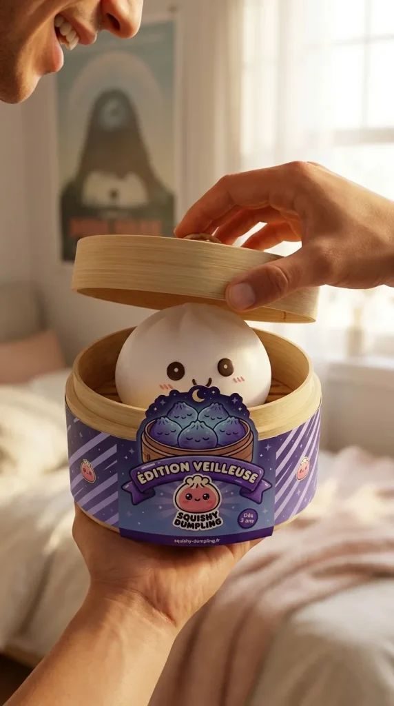 Déballage du Veilleuse Dumpling Squishy Blanche Lunaire — la boîte panier vapeur s'ouvre