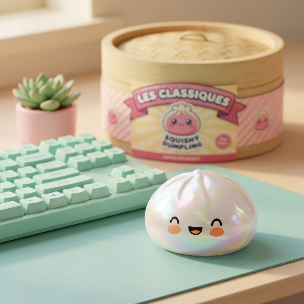 Dumpling Squishy Blanc Nuage Unique en ambiance sur un bureau