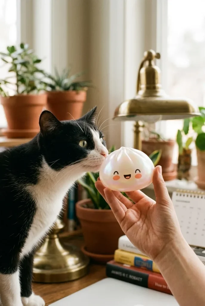 Dumpling Squishy Blanc Nuage Unique tenu près d'un animal de compagnie curieux