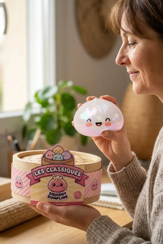 Dumpling Squishy Blanc Nuage Unique présenté avec sa boîte panier vapeur — photo client