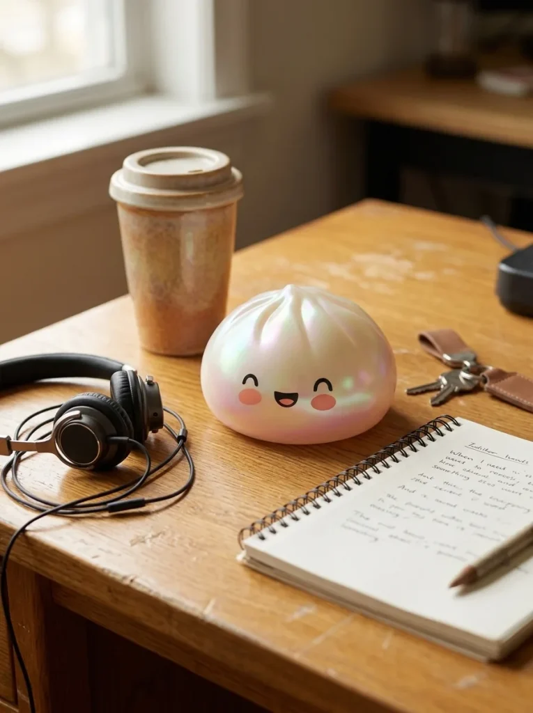 Dumpling Squishy Blanc Nuage Unique posé sur un bureau, dans le quotidien