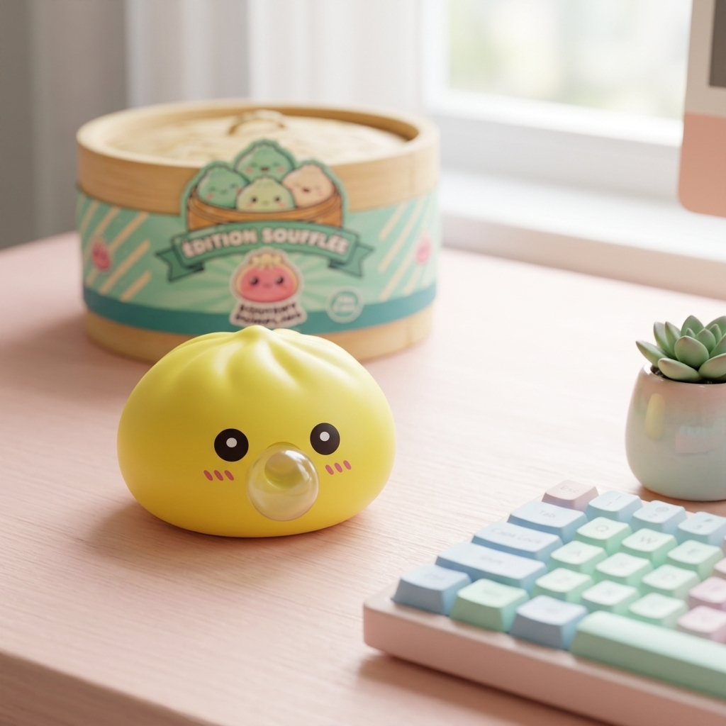 Jumbo Dumpling Squishy Jaune Géant en ambiance sur un bureau