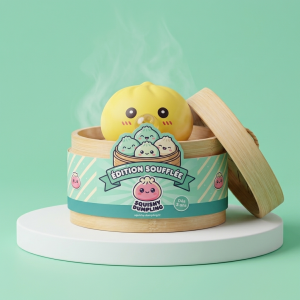 Jumbo Dumpling Squishy Jaune Géant dans sa boîte panier vapeur bambou