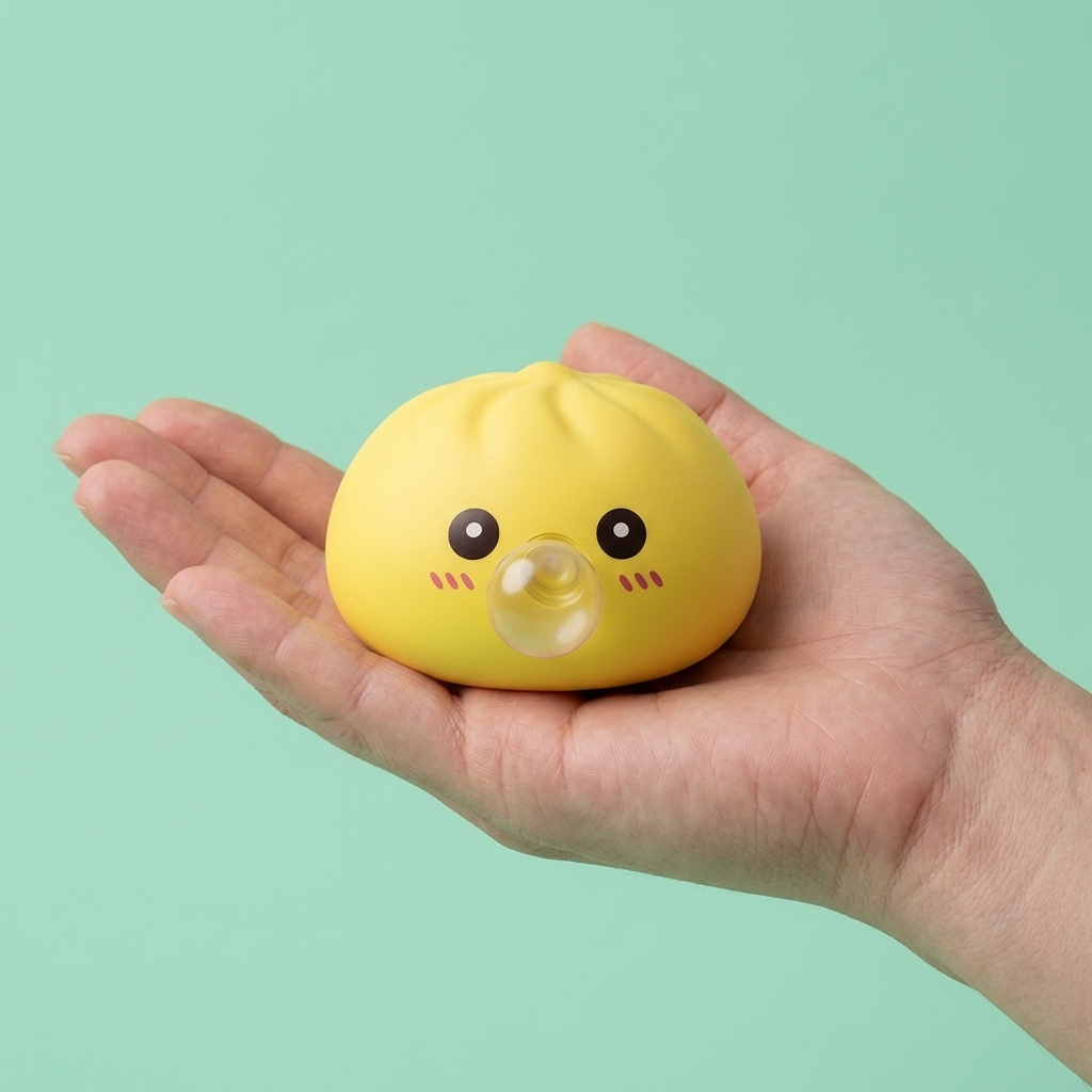 Jumbo Dumpling Squishy Jaune Géant tenu en main, taille réelle