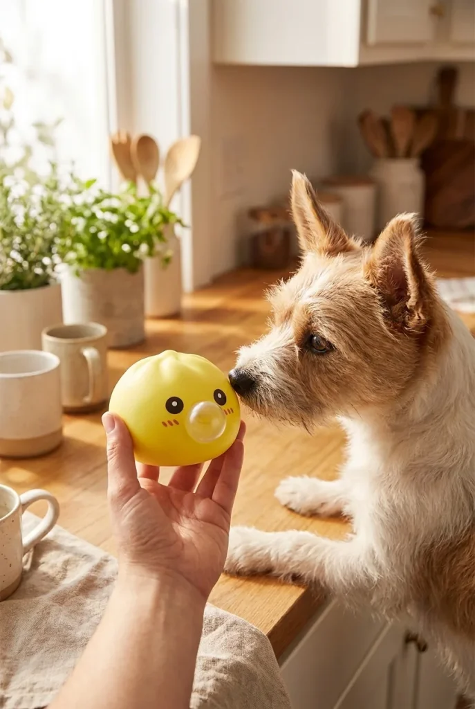 Jumbo Dumpling Squishy Jaune Géant tenu près d'un animal de compagnie curieux