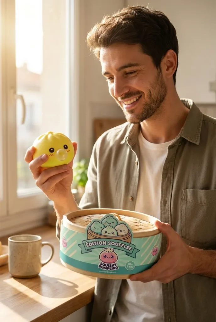 Jumbo Dumpling Squishy Jaune Géant présenté avec sa boîte panier vapeur — photo client