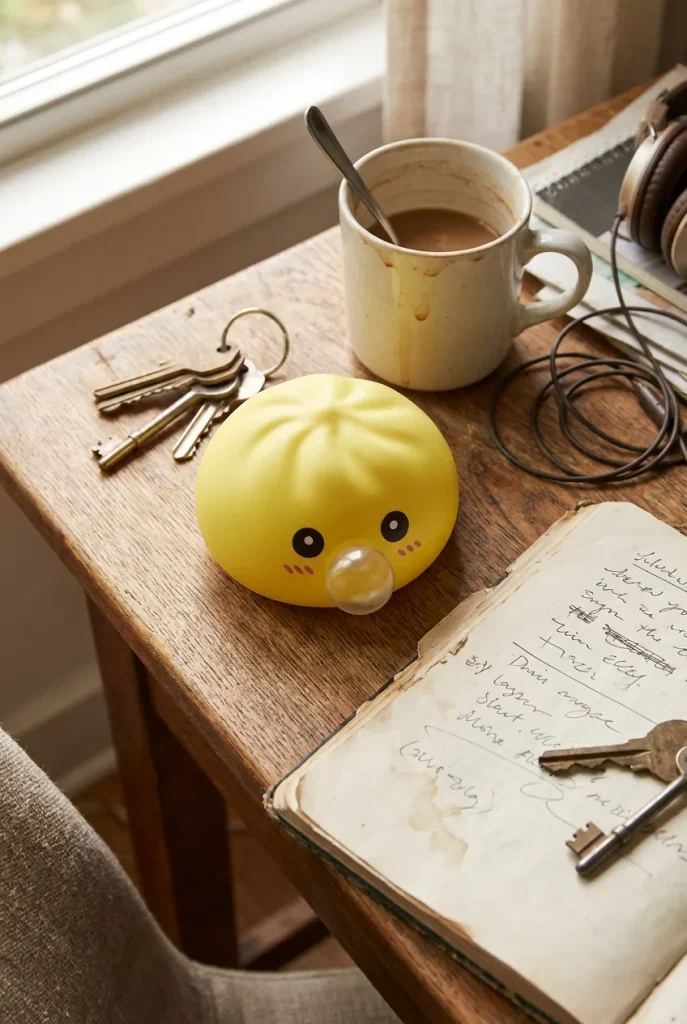 Jumbo Dumpling Squishy Jaune Géant posé sur un bureau, dans le quotidien