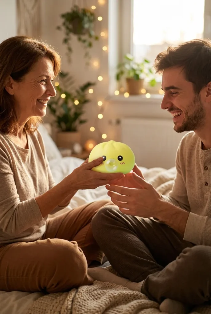 Jumbo Dumpling Squishy Jaune Géant offert en cadeau entre deux personnes