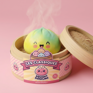 Squishy Dumpling Jaune Sunset Fade dans sa boîte panier vapeur façon bambou