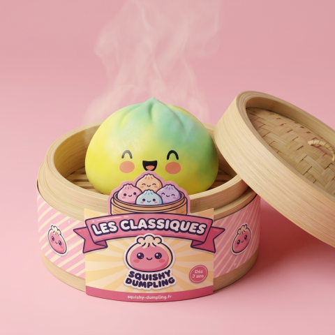 Squishy Dumpling Jaune Sunset Fade dans sa boîte panier vapeur bambou