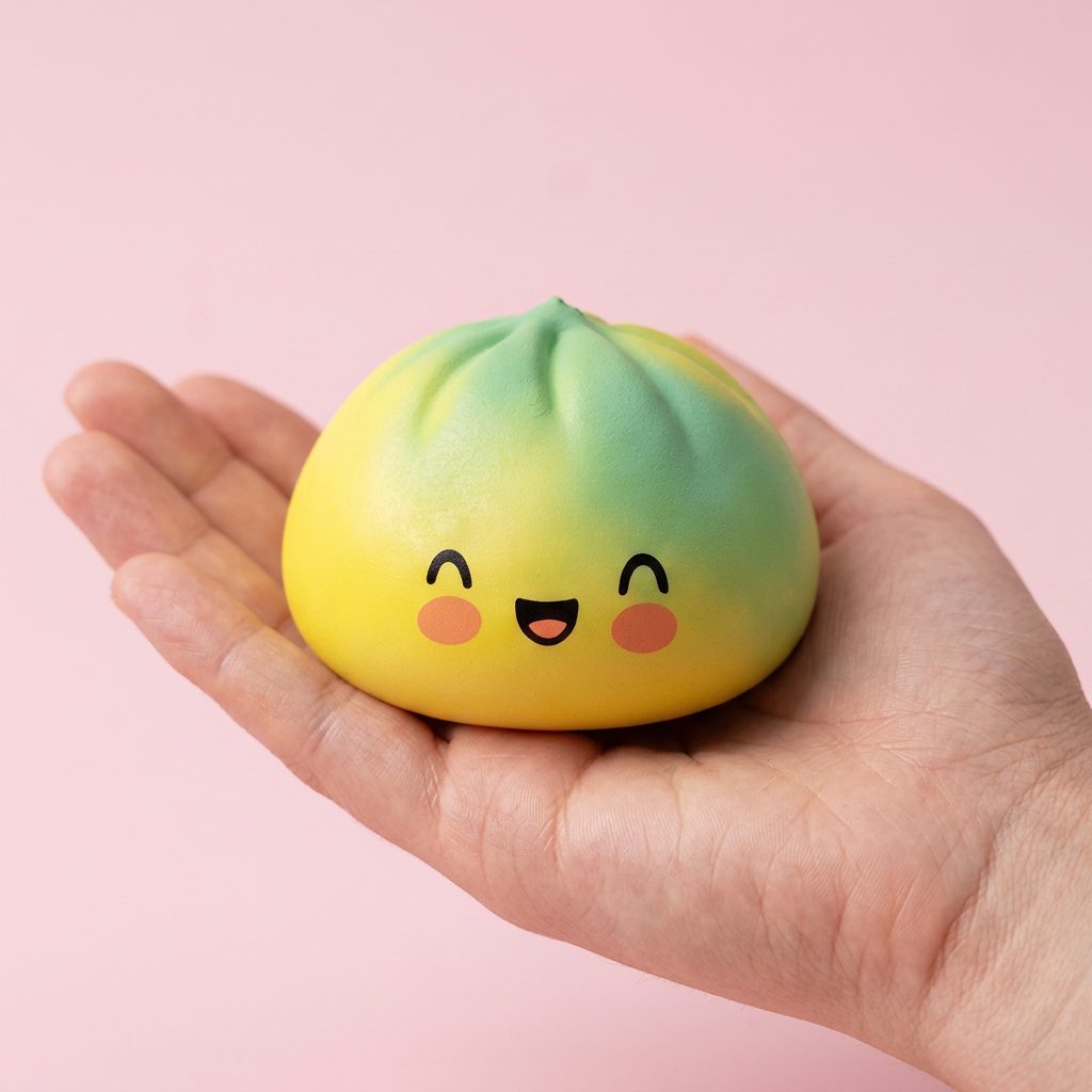 Squishy Dumpling Jaune Sunset Fade tenu en main, taille réelle