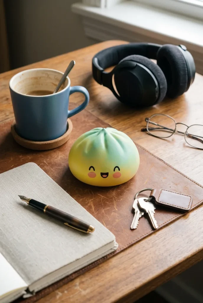 Squishy Dumpling Jaune Sunset Fade posé sur un bureau, dans le quotidien