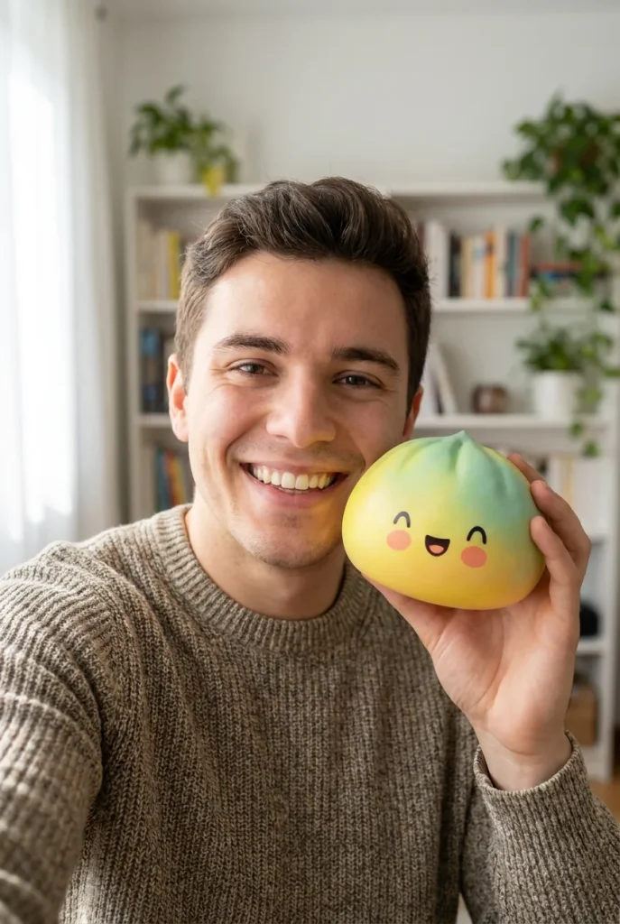 Squishy Dumpling Jaune Sunset Fade tenu près du visage — photo client