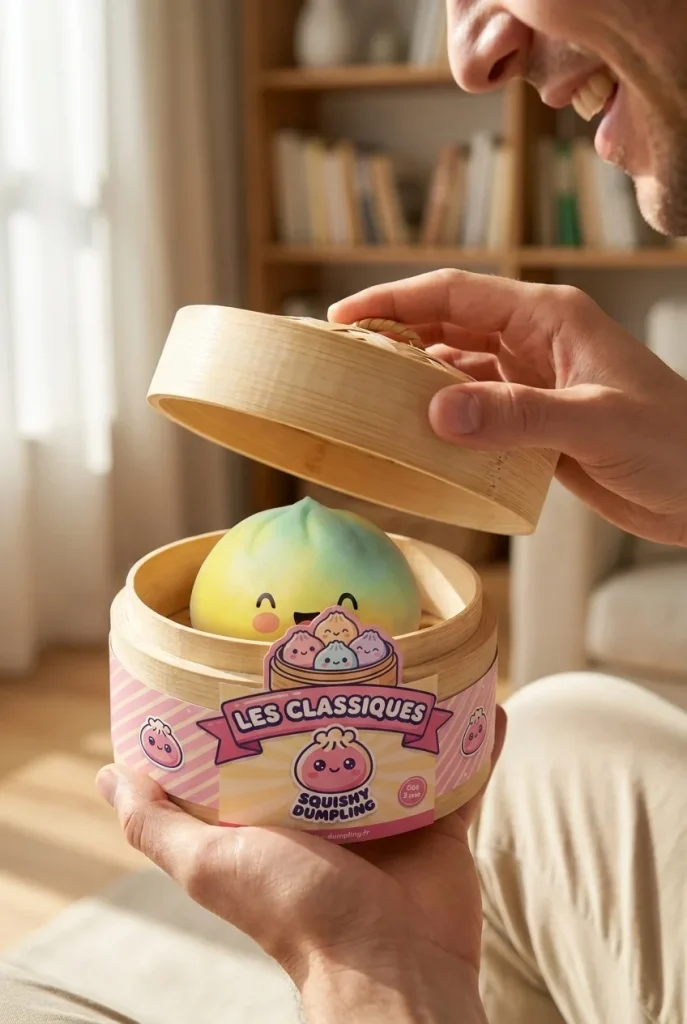 Déballage du Squishy Dumpling Jaune Sunset Fade — la boîte panier vapeur s'ouvre