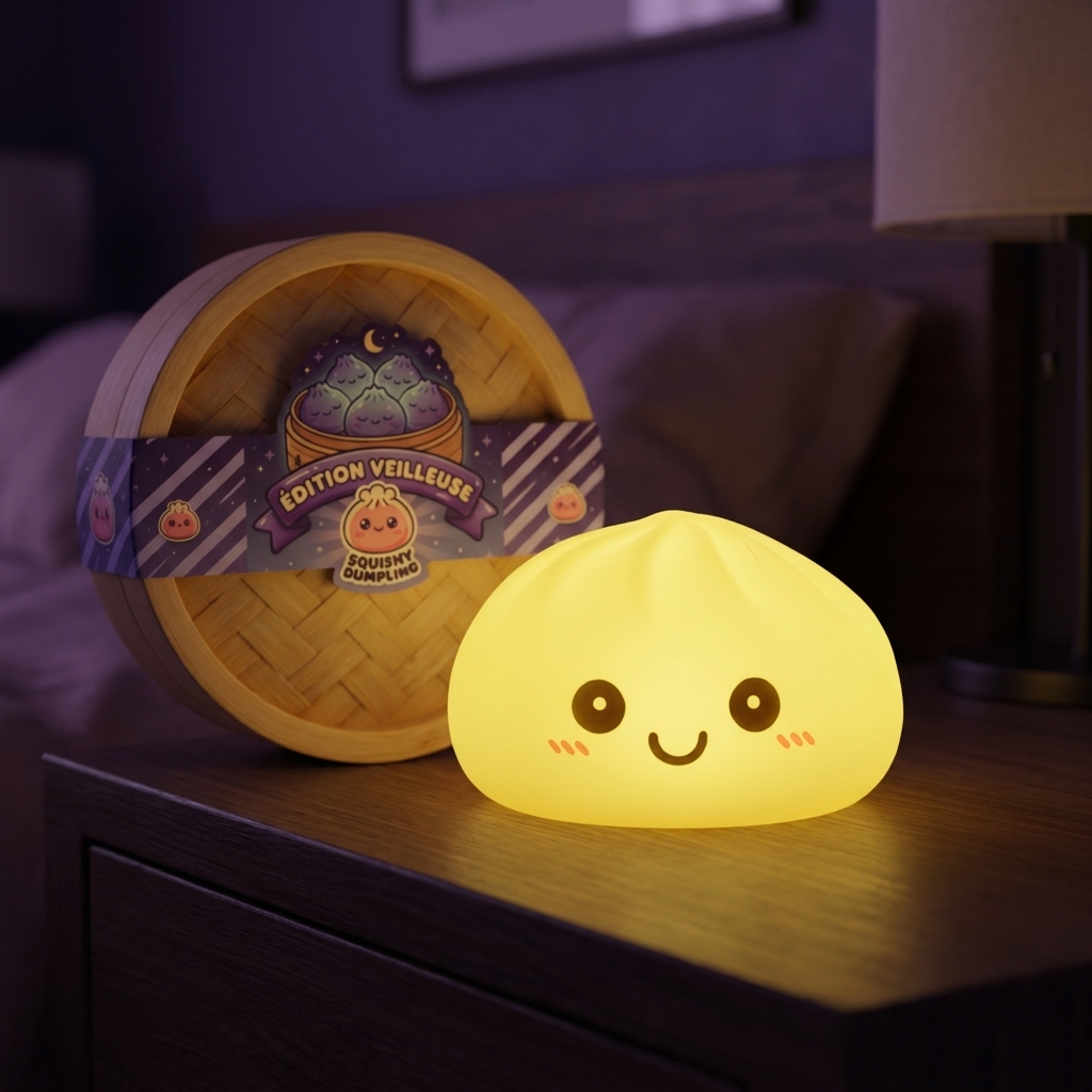 Veilleuse Dumpling Squishy Jaune Soleil en ambiance sur un bureau
