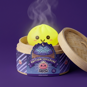 Veilleuse Dumpling Squishy Jaune Soleil dans sa boîte panier vapeur bambou