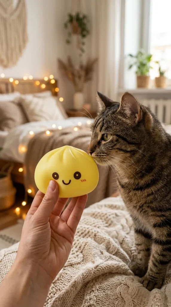 Veilleuse Dumpling Squishy Jaune Soleil tenu près d'un animal de compagnie curieux