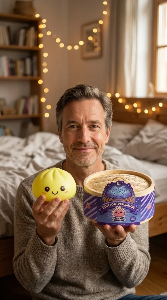 Veilleuse Dumpling Squishy Jaune Soleil présenté avec sa boîte panier vapeur — photo client