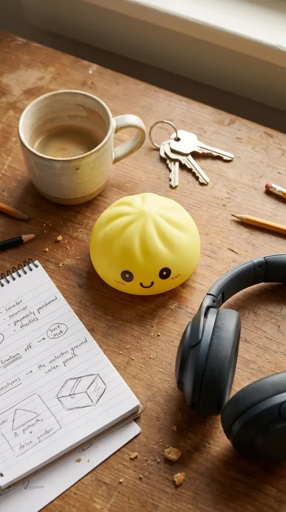 Veilleuse Dumpling Squishy Jaune Soleil posé sur un bureau, dans le quotidien