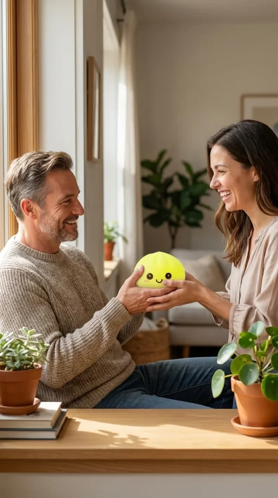 Veilleuse Dumpling Squishy Jaune Soleil offert en cadeau entre deux personnes