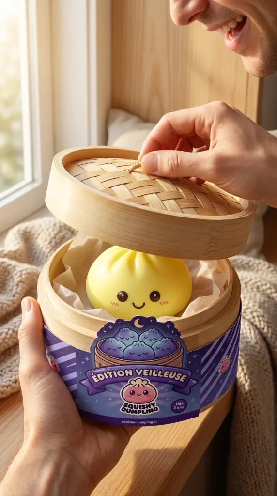 Déballage du Veilleuse Dumpling Squishy Jaune Soleil — la boîte panier vapeur s'ouvre