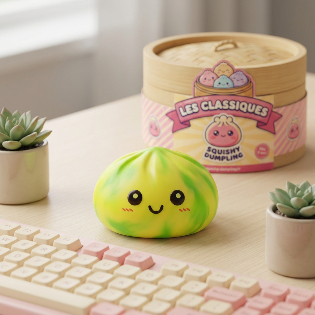 Dumpling Squishy Tie Dye Jaune Citron en ambiance sur un bureau