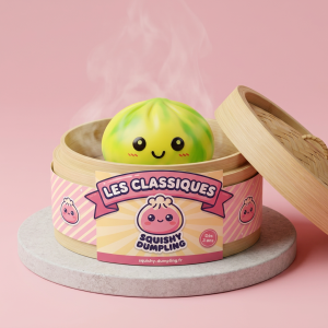Dumpling Squishy Tie Dye Jaune Citron dans sa boîte panier vapeur façon bambou