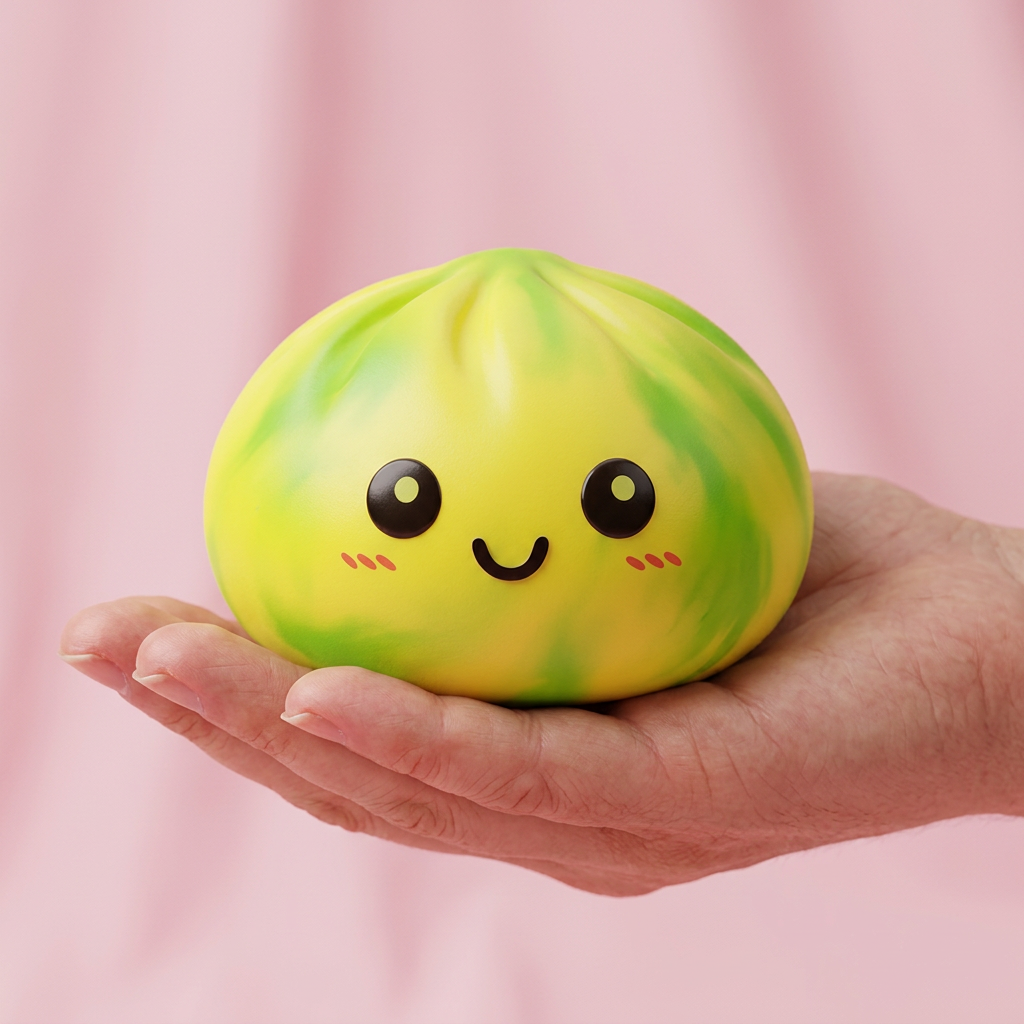 Dumpling Squishy Tie Dye Jaune Citron tenu en main, taille réelle