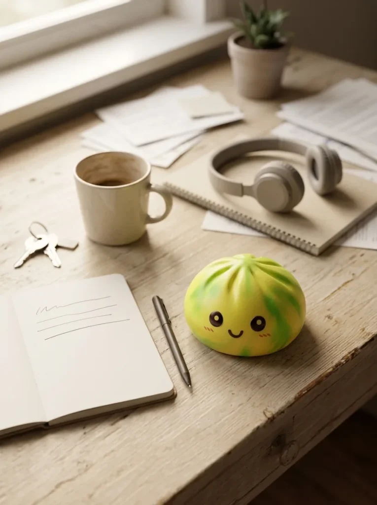 Dumpling Squishy Tie Dye Jaune Citron posé sur un bureau, dans le quotidien