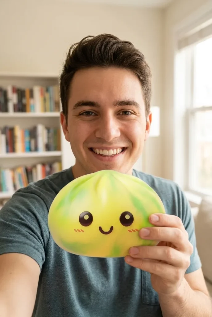 Dumpling Squishy Tie Dye Jaune Citron tenu près du visage — photo client