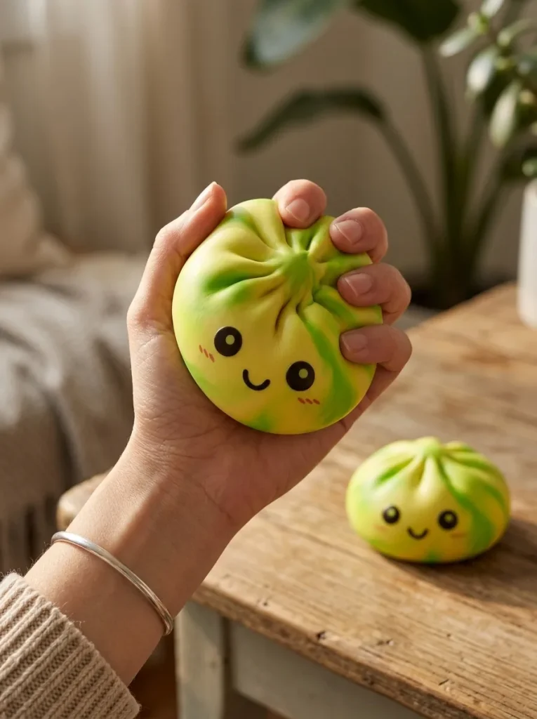 Dumpling Squishy Tie Dye Jaune Citron pressé dans la main — effet squishy slow-rise